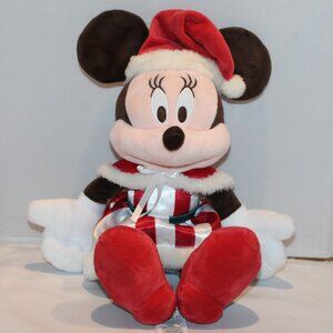 Disney Holiday Christmas Minnie Mouse 15" plush with Santa hat & striped dress